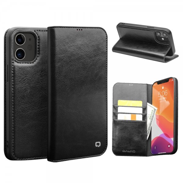 Qialino iPhone 12/iPhone 12 Pro Etui Ekte Skinn Svart