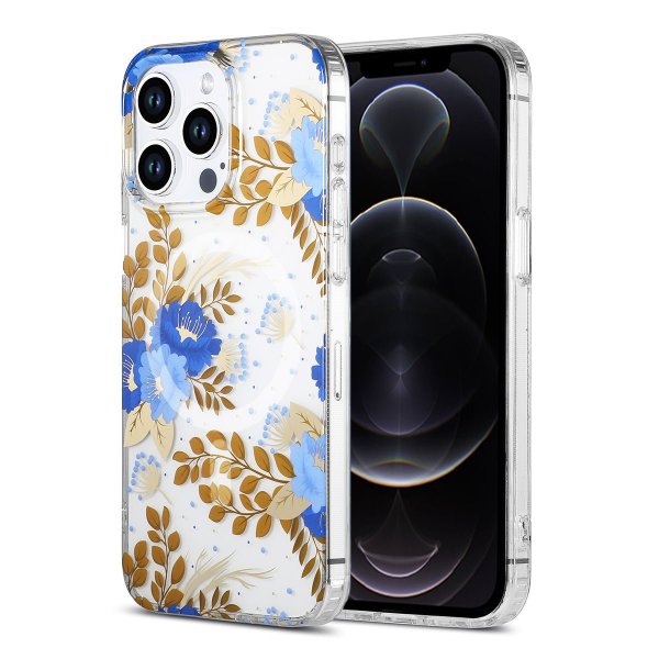 iPhone 12 Pro Max Deksel Blomstermønster MagSafe Blå Gull