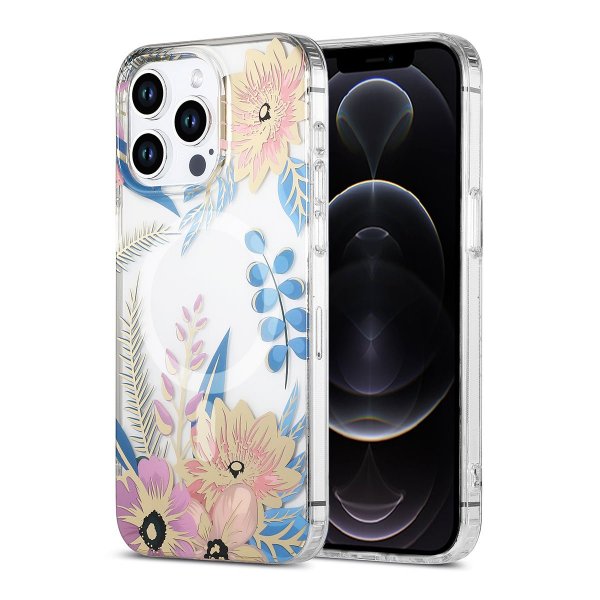 iPhone 12 Pro Max Deksel Blomstermønster MagSafe Rosa Blå