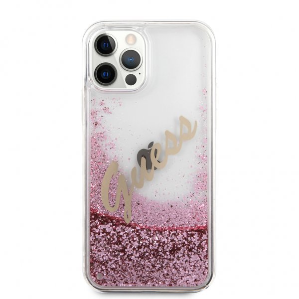 Guess iPhone 12 Pro Max Deksel Liquid Glitter Vintage Rosa