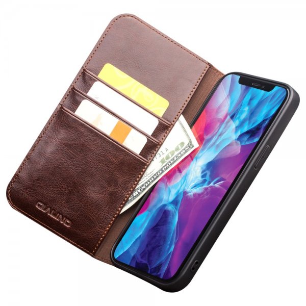 Qialino iPhone 13 Etui Ekte Skinn Brun