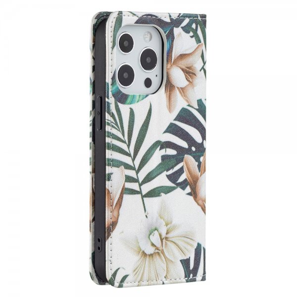 iPhone 13 Pro Etui Flip Motiv Blader Og Blomster