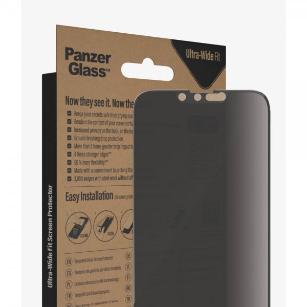 PanzerGlass iPhone 13/iPhone 13 Pro/iPhone 14 Skjermbeskytter Ultra-Wide Fit Privacy EasyAligner