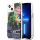 Guess iPhone 13 Mini Deksel Liquid Glitter Flower Pattern Blå