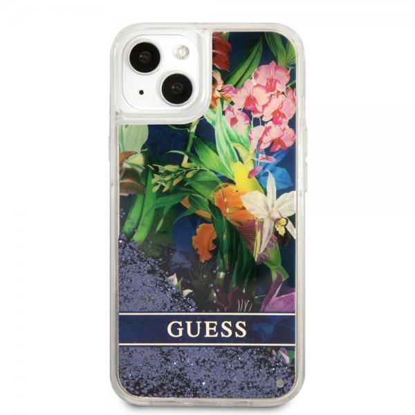 Guess iPhone 13 Mini Deksel Liquid Glitter Flower Pattern Blå