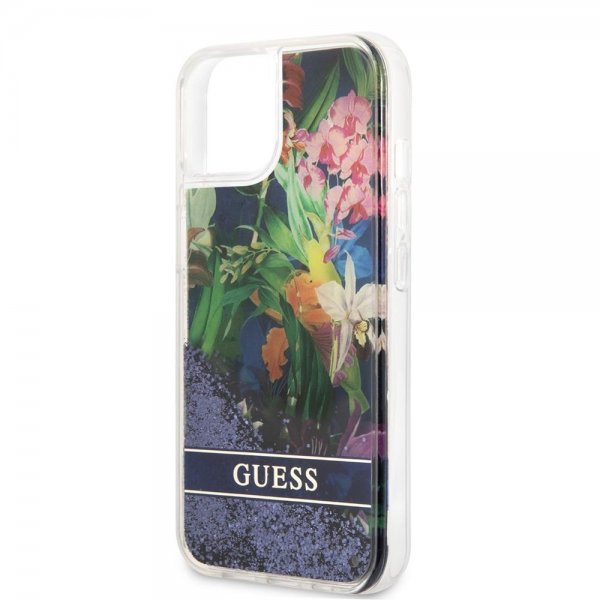 Guess iPhone 13 Mini Deksel Liquid Glitter Flower Pattern Blå