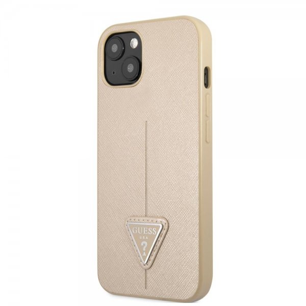 Guess iPhone 13 Mini Deksel Saffiano Metal Triangle Beige