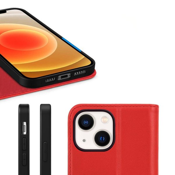 Rvelon iPhone 13 Etui Ekte skinn Kortlommer Rød