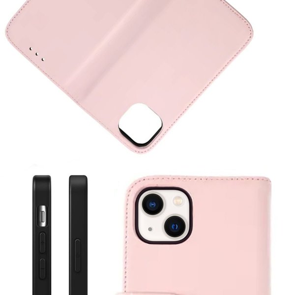 Rvelon iPhone 13 Etui Ekte skinn Kortlommer Rosa