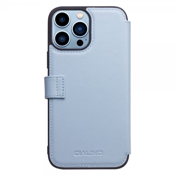 Qialino iPhone 13 Pro Etui Ekte skinn Kortlommer Blå