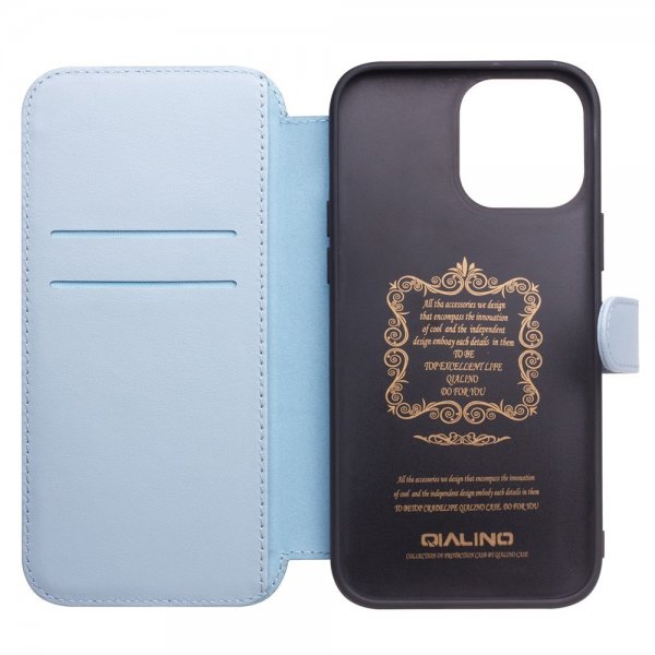 Qialino iPhone 13 Pro Etui Ekte skinn Kortlommer Blå