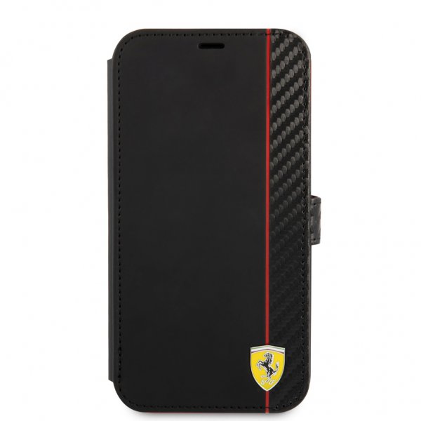 Ferrari iPhone 13 Pro Max Etui Carbon Effect Metal Logo Vertical Stripe Svart