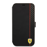 Ferrari iPhone 13 Pro Max Etui Carbon Effect Metal Logo Vertical Stripe Svart