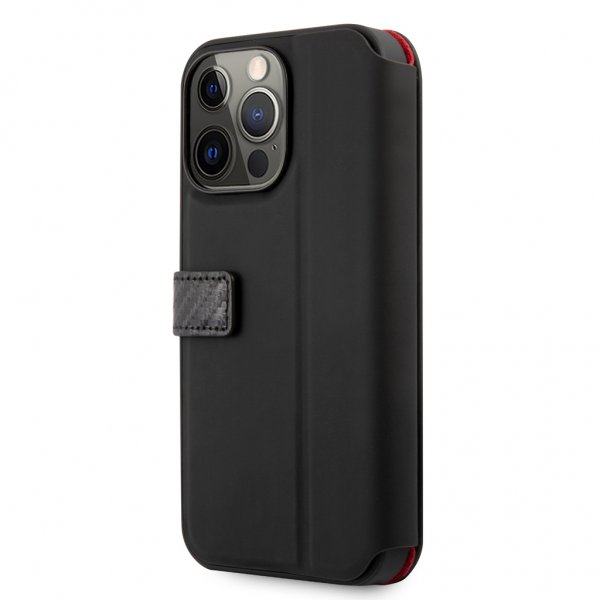 Ferrari iPhone 13 Pro Max Etui Carbon Effect Metal Logo Vertical Stripe Svart