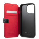 Ferrari iPhone 13 Pro Max Etui Carbon Effect Metal Logo Vertical Stripe Svart