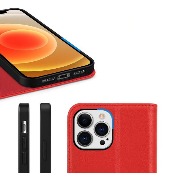 Rvelon iPhone 13 Pro Max Etui Ekte Skinn Rød