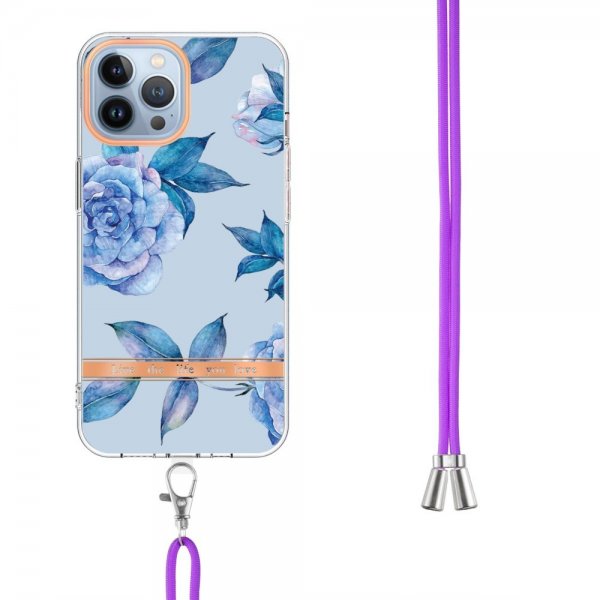 iPhone 13 Pro Max Deksel Blomstermønster Stropp Blåa Pioner