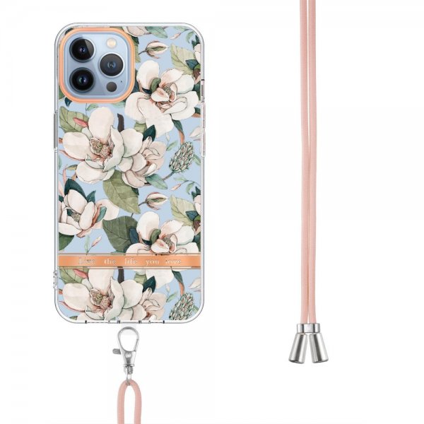 iPhone 13 Pro Max Deksel Blomstermønster Stropp Grønn Gardenia