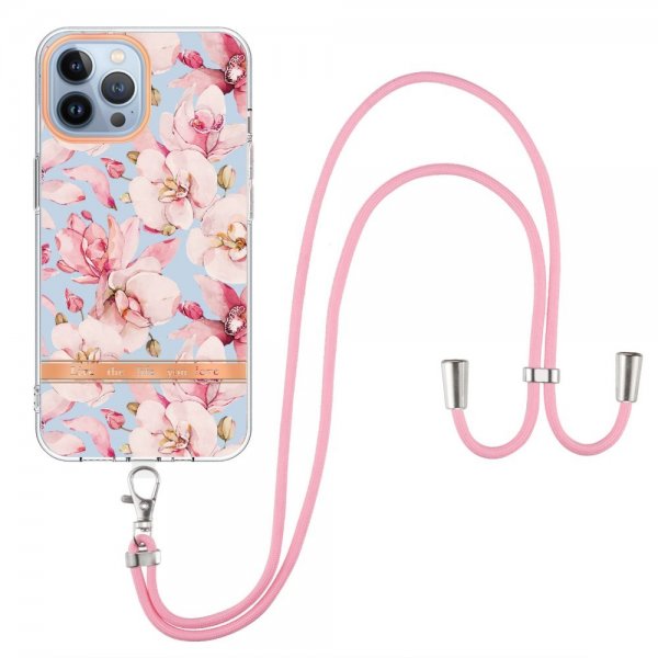 iPhone 13 Pro Max Deksel Blomstermønster Stropp Rosa Gardenia
