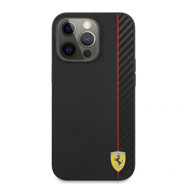 Ferrari iPhone 13 Pro Max Deksel Carbon Effect Metal Logo Vertical Stripe Svart