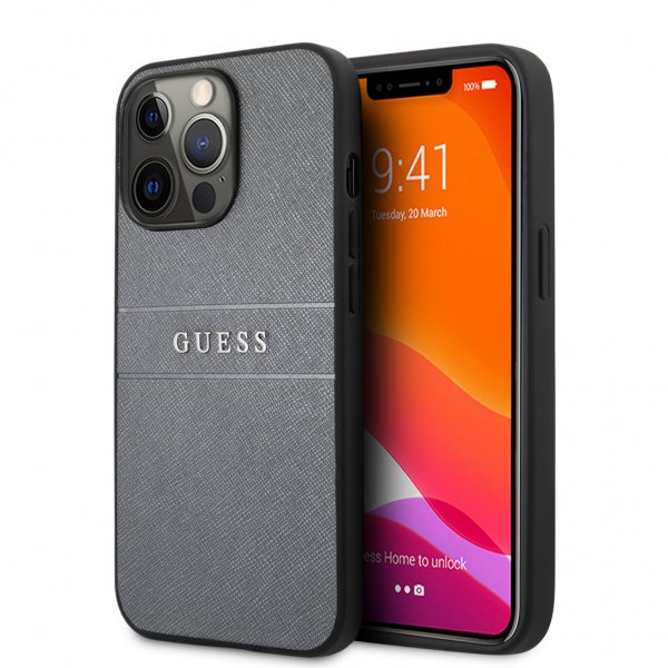 Guess iPhone 13 Pro Max Deksel Hot Stamp Metal Logo Grå