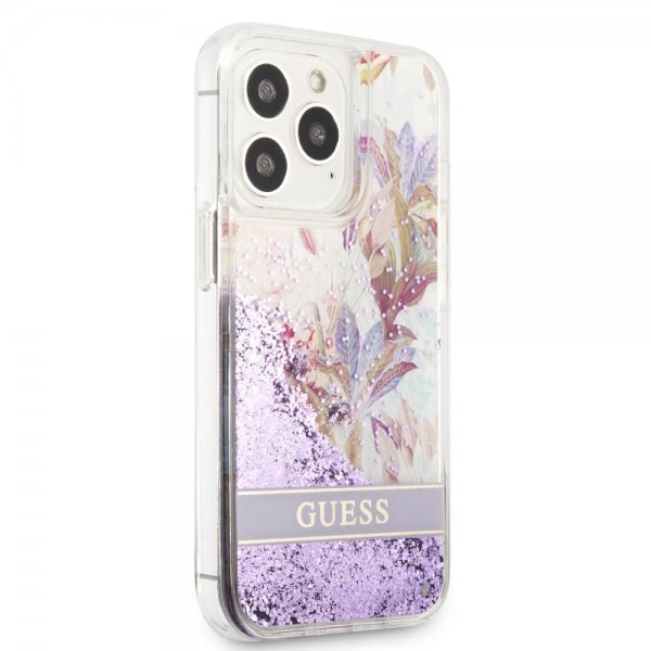 Guess iPhone 13 Pro Max Deksel Liquid Glitter Flower Pattern Lilla