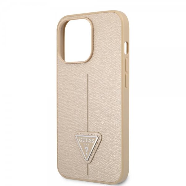 Guess iPhone 13 Pro Max Deksel Saffiano Metal Triangle Beige