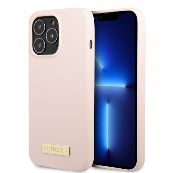 Guess iPhone 13 Pro Max Deksel Silicone Metal Plate MagSafe Rosa