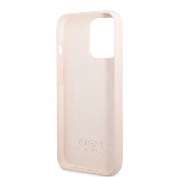 Guess iPhone 13 Pro Max Deksel Silicone Metal Plate MagSafe Rosa