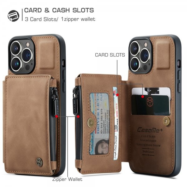 CaseMe iPhone 13 Pro Deksel C20 Kortlomme Glidelås Brun