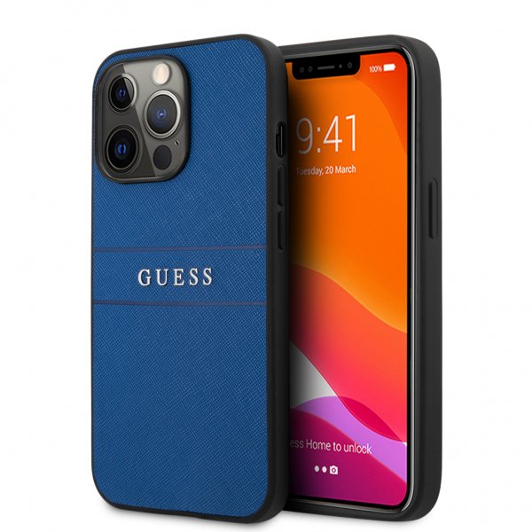 Guess iPhone 13 Pro Deksel Hot Stamp Metal Logo Blå