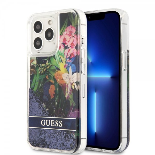 Guess iPhone 13 Pro Deksel Liquid Glitter Flower Pattern Blå