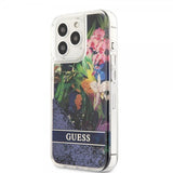 Guess iPhone 13 Pro Deksel Liquid Glitter Flower Pattern Blå