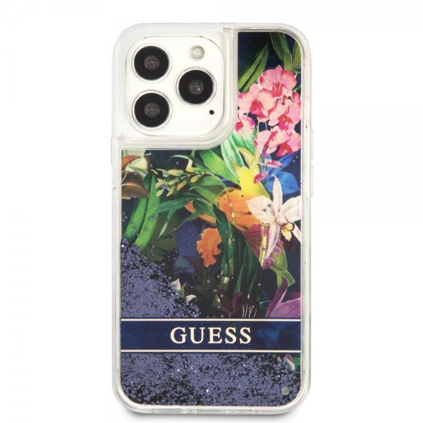 Guess iPhone 13 Pro Deksel Liquid Glitter Flower Pattern Blå