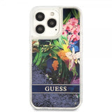 Guess iPhone 13 Pro Deksel Liquid Glitter Flower Pattern Blå