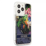 Guess iPhone 13 Pro Deksel Liquid Glitter Flower Pattern Blå