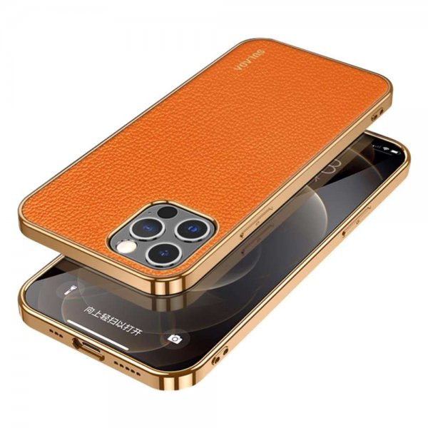 Sulada iPhone 13 Pro Deksel Litchimønster Belagt Kant Oransje