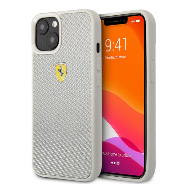 Ferrari iPhone 13 Deksel Real Carbon Metal Logo Sølv