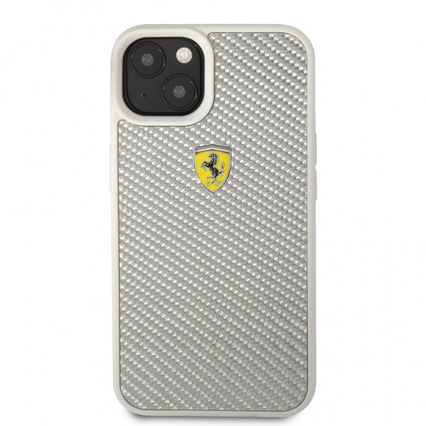 Ferrari iPhone 13 Deksel Real Carbon Metal Logo Sølv