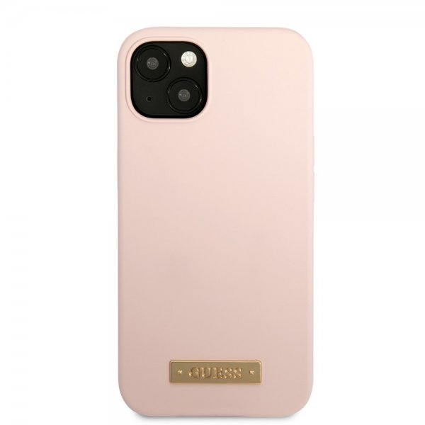 Guess iPhone 13 Deksel Silicone Metal Plate MagSafe Rosa