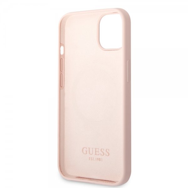 Guess iPhone 13 Deksel Silicone Metal Plate MagSafe Rosa