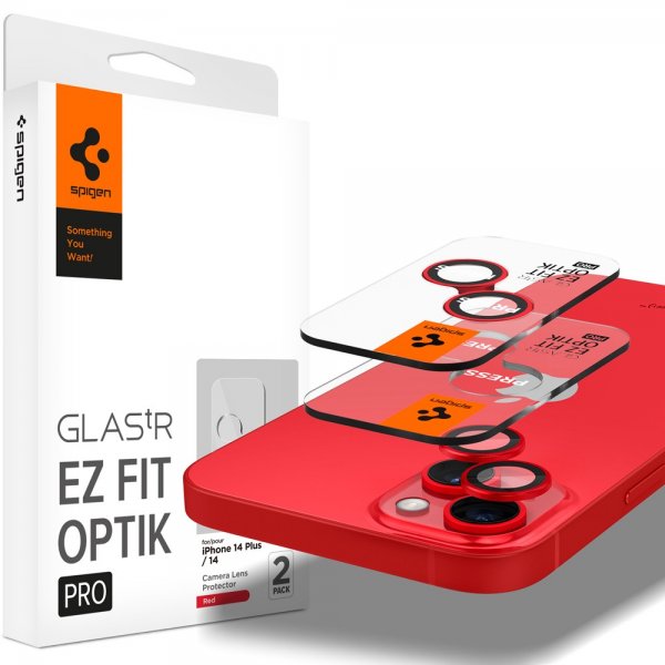 Spigen iPhone 14/iPhone 14 Plus Kamerabeskytter GLAS.tR EZ Fit Optik Pro Röd 2-pakning
