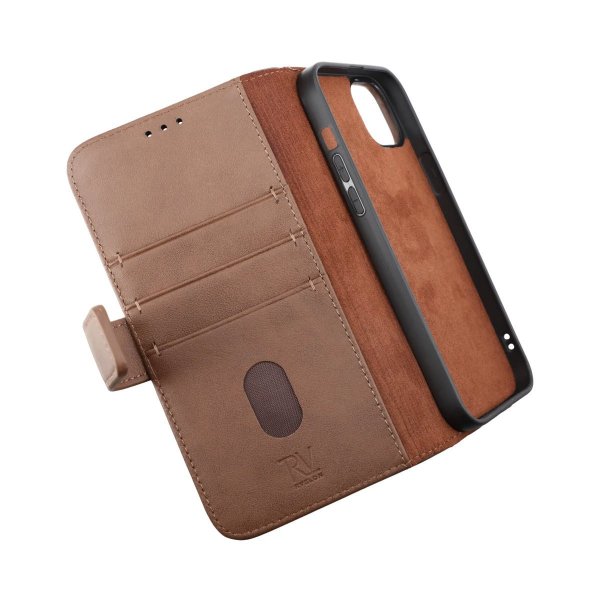 Rvelon iPhone 14 Etui Ekte skinn Kortlommer Brun