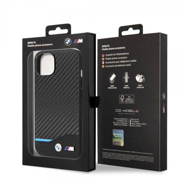 BMW iPhone 14 Plus Deksel Carbon Effect Printed Logo Svart