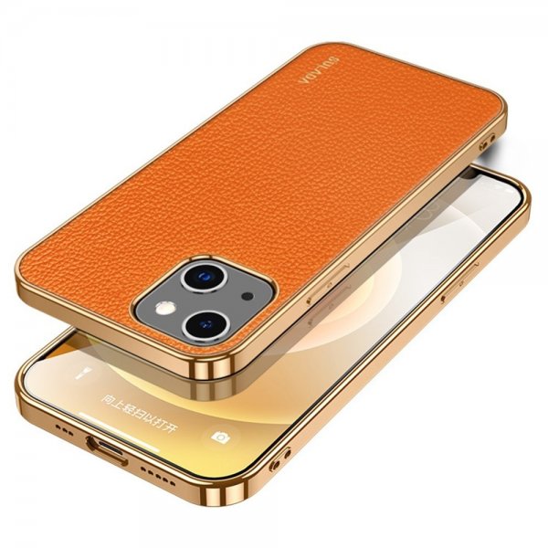 Sulada iPhone 14 Plus Deksel Litchimønster Belagt Kant Oransje