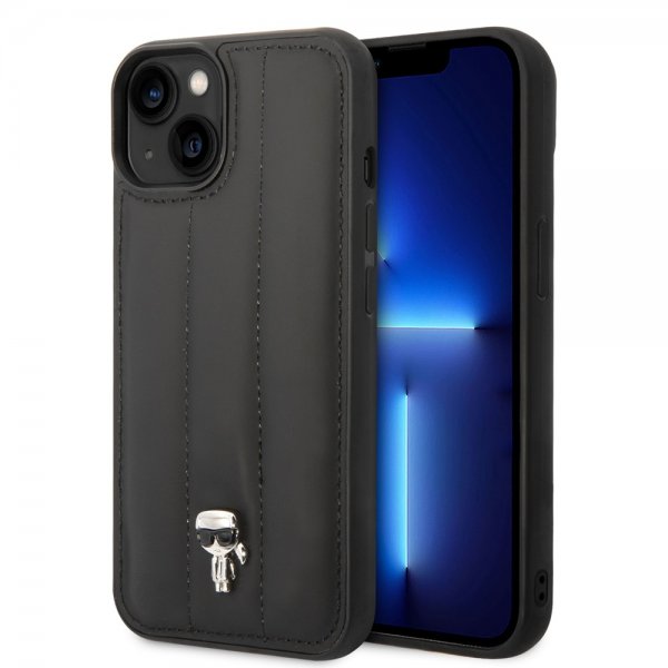 Karl Lagerfeld iPhone 14 Plus Deksel Quilted Nylon Puffy Case Ikonik Pin Svart