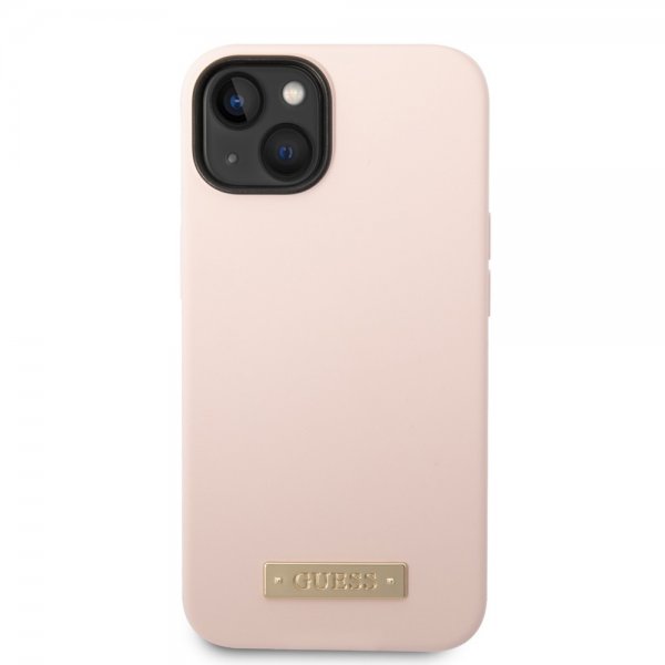 Guess iPhone 14 Plus Deksel Silicone Metal Plate MagSafe Rosa