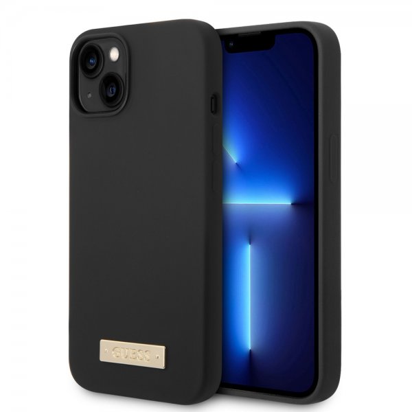 Guess iPhone 14 Plus Deksel Silicone Metal Plate MagSafe Svart