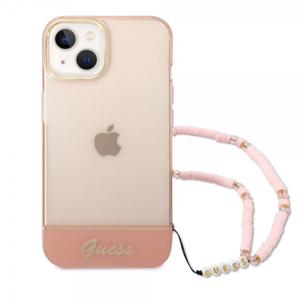 Guess iPhone 14 Plus Deksel Translucent with Strap Rosa