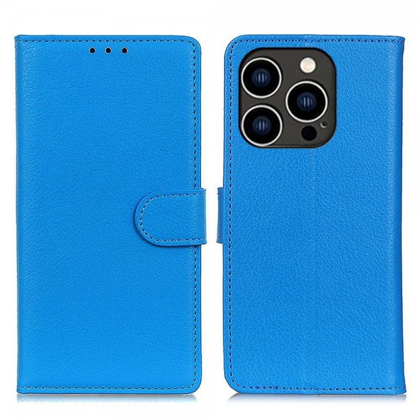 iPhone 14 Pro Etui Litchi Blå